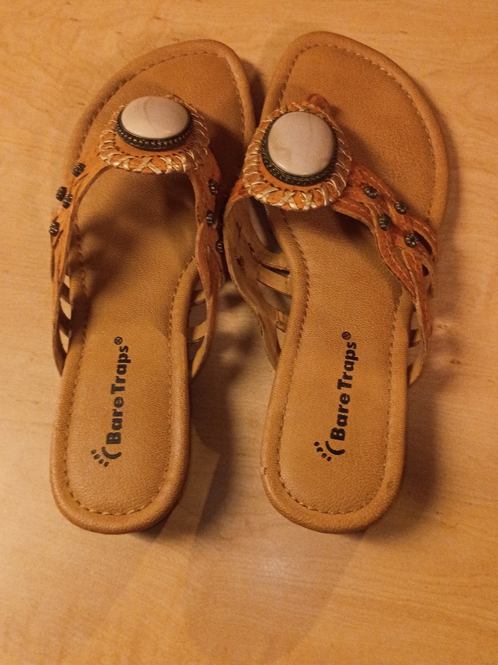 BareTraps Tan Braided Thong Sandals with White Stone Accent